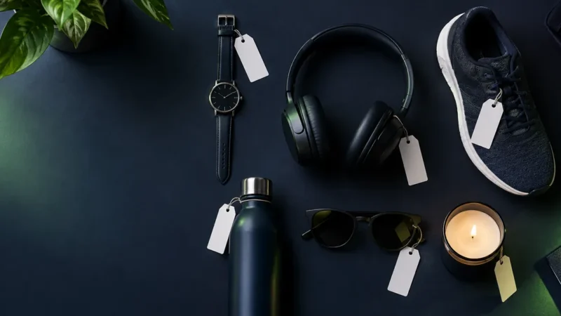 Grid of products with blank tags on a dark surface, illustrating Google Shopping feed optimization