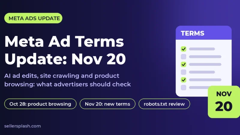 Meta ad terms update graphic with a terms checklist and a November 20 calendar badge