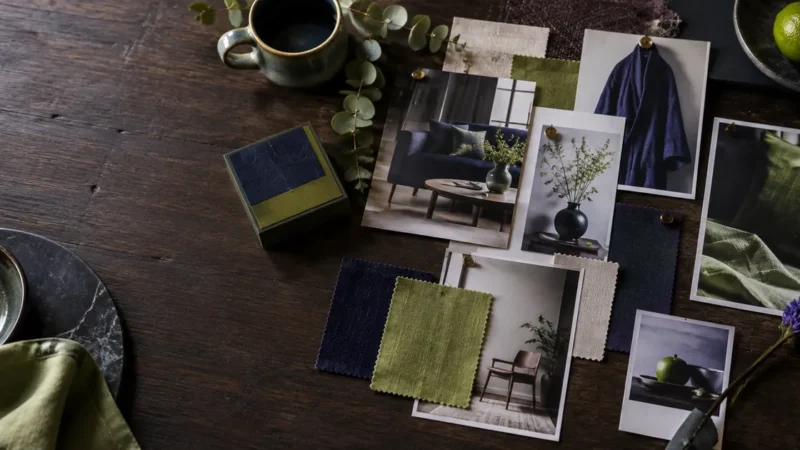 Flat lay mood board of lifestyle photos and swatches for Pinterest ads in ecommerce