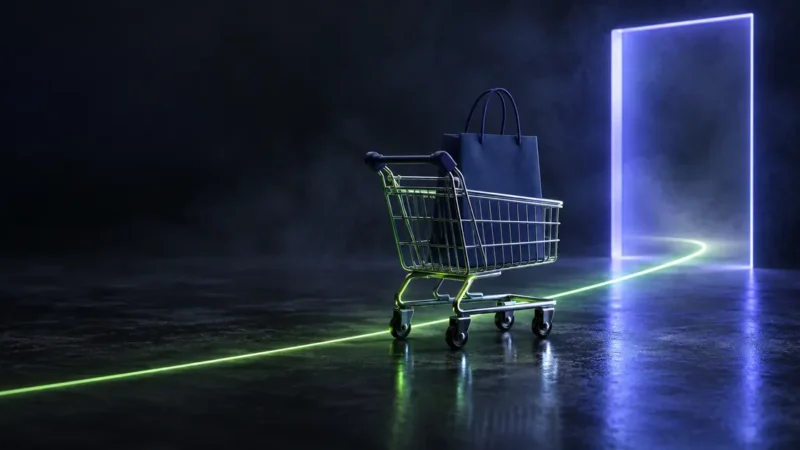 Chrome shopping cart rolling toward a glowing doorway, illustrating AI shopping agents and the Walmart Agent Gateway