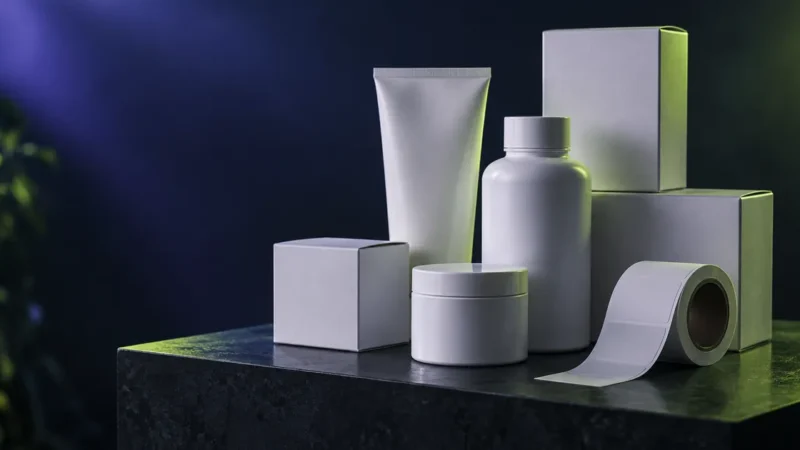 Plain unbranded white product boxes and blank labels representing white label PPC