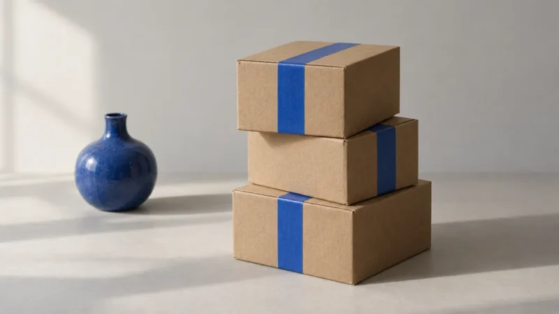 Stacked kraft shipping boxes with blue tape and a blue vase