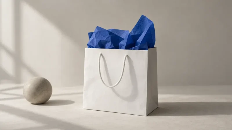 Shipping boxes and blue packing tape on a white desk