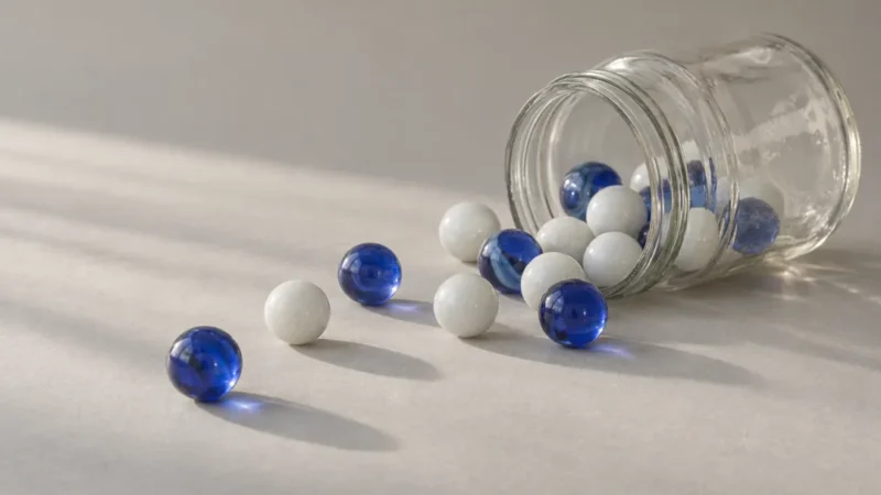 Glass jar spilling blue and white marbles, Google Ads illustration