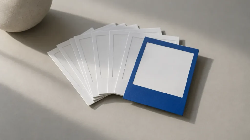 Blue and white objects on a desk, Meta ads illustration