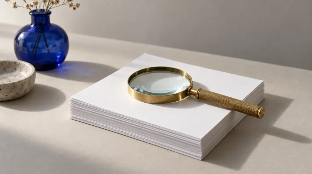 Magnifying glass on white paper beside a blue vase, SEO illustration
