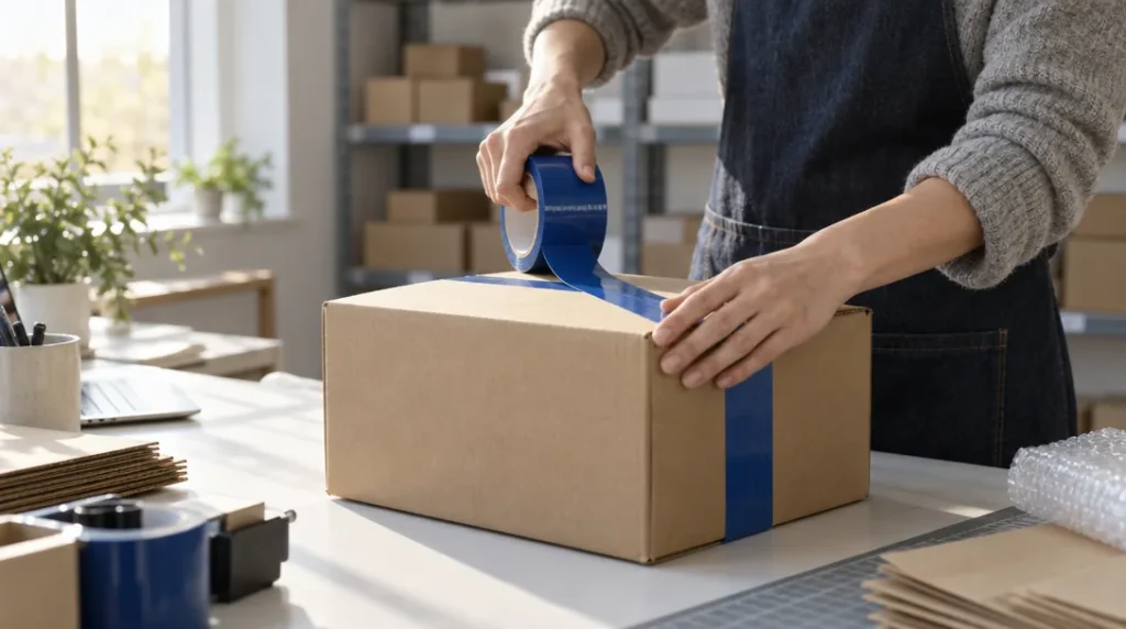 Hands sealing a kraft shipping box with blue tape on an e-commerce packing table