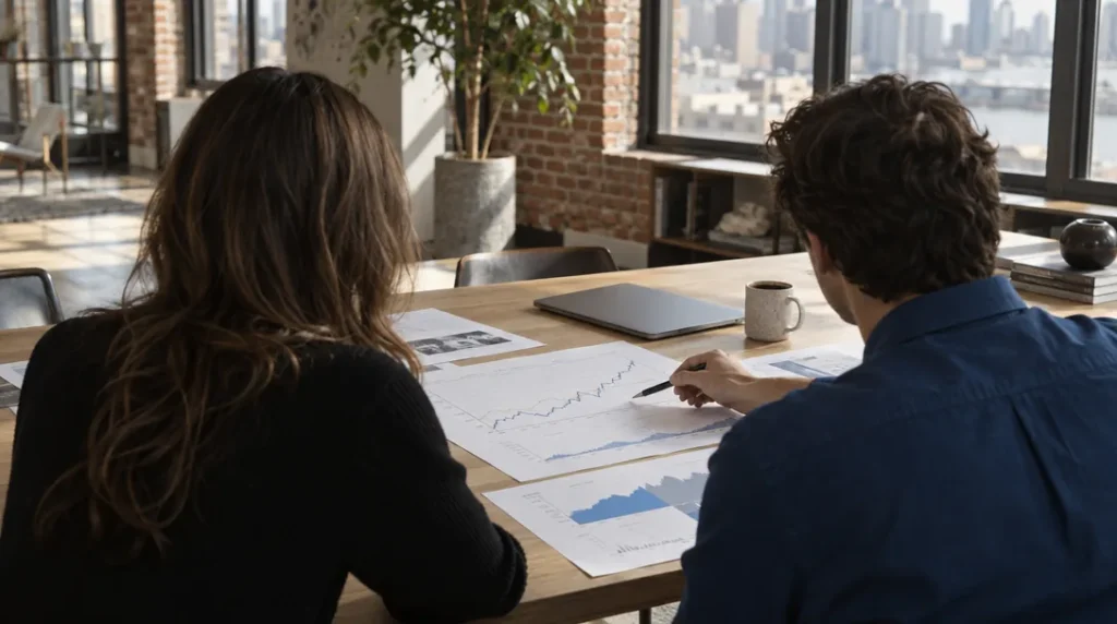Two marketers reviewing printed performance charts in a sunlit New York office