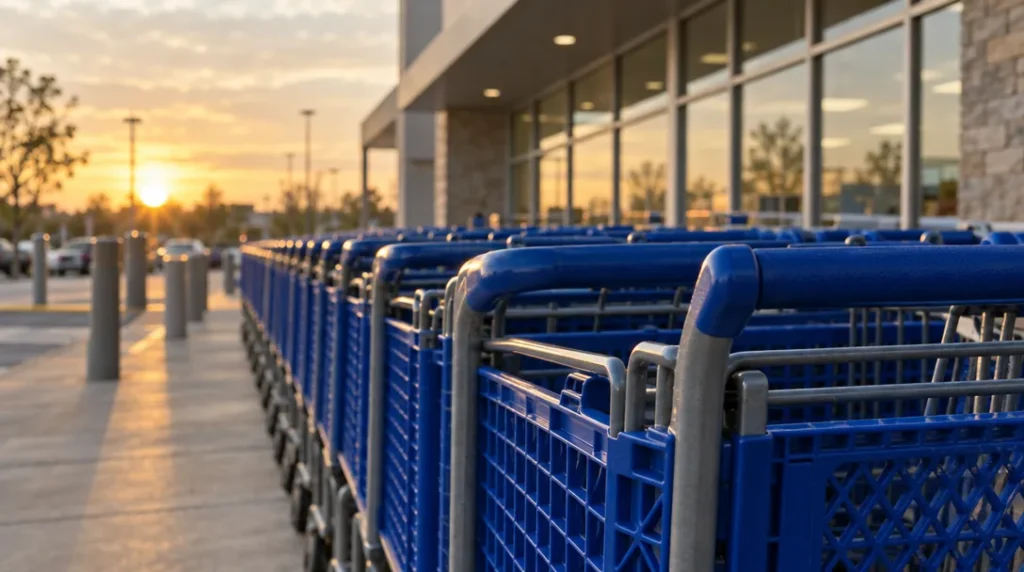 A row of nested blue retail shopping carts outside a modern retail store at golden hour